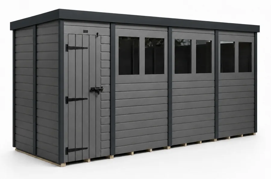 A 16 by 8 pent composite shed in Dark Ash, with anthracite PVC fascias, corners and joining strips