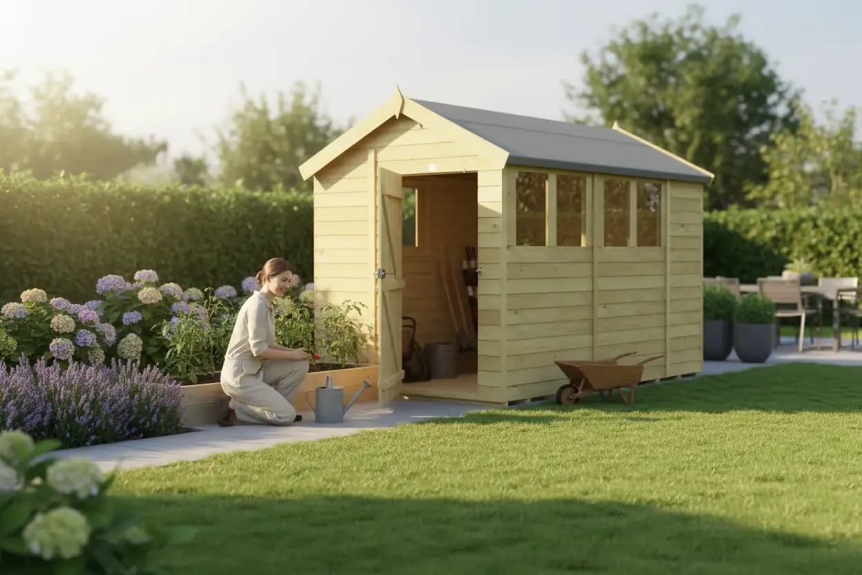 Timber garden shed with an apex roof and windows beside a planted garden