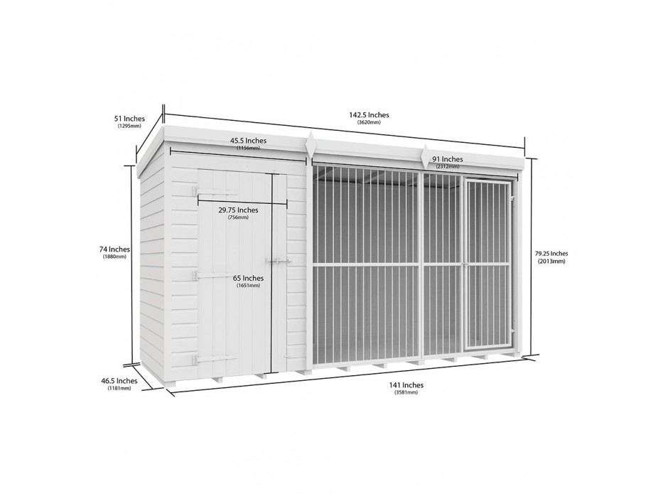 12ft X 4ft Dog Kennel and Run Full Height with Bars