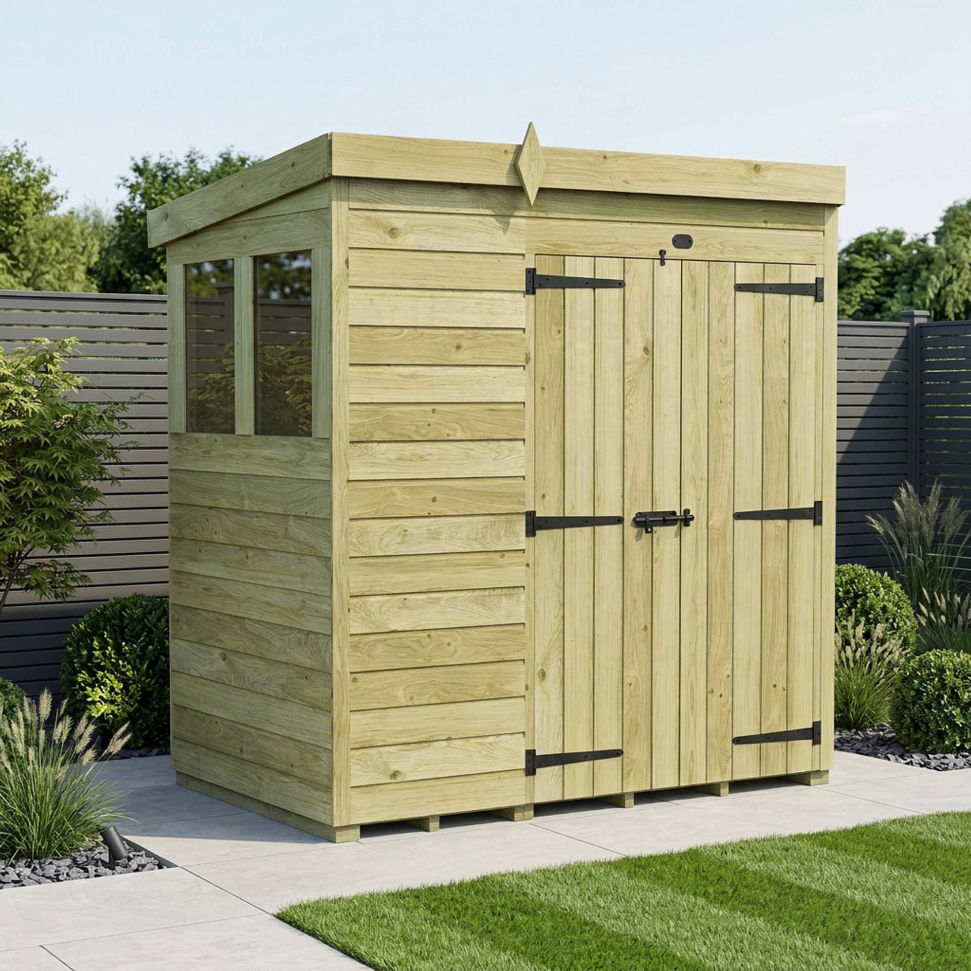 6 x 4 Pent Shed (Double Door, With Windows)