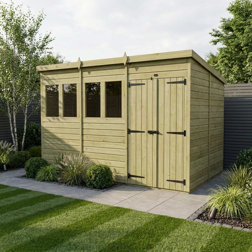 16 x 8 Pent Shed (Double Door, With Windows)