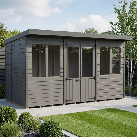 12x7 Composite Pent Summer House (Double Doors, With Windows)