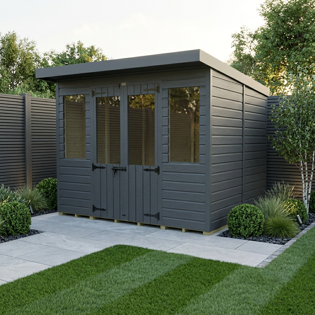8x8 Composite Pent Summer House (Double Doors, With Windows)