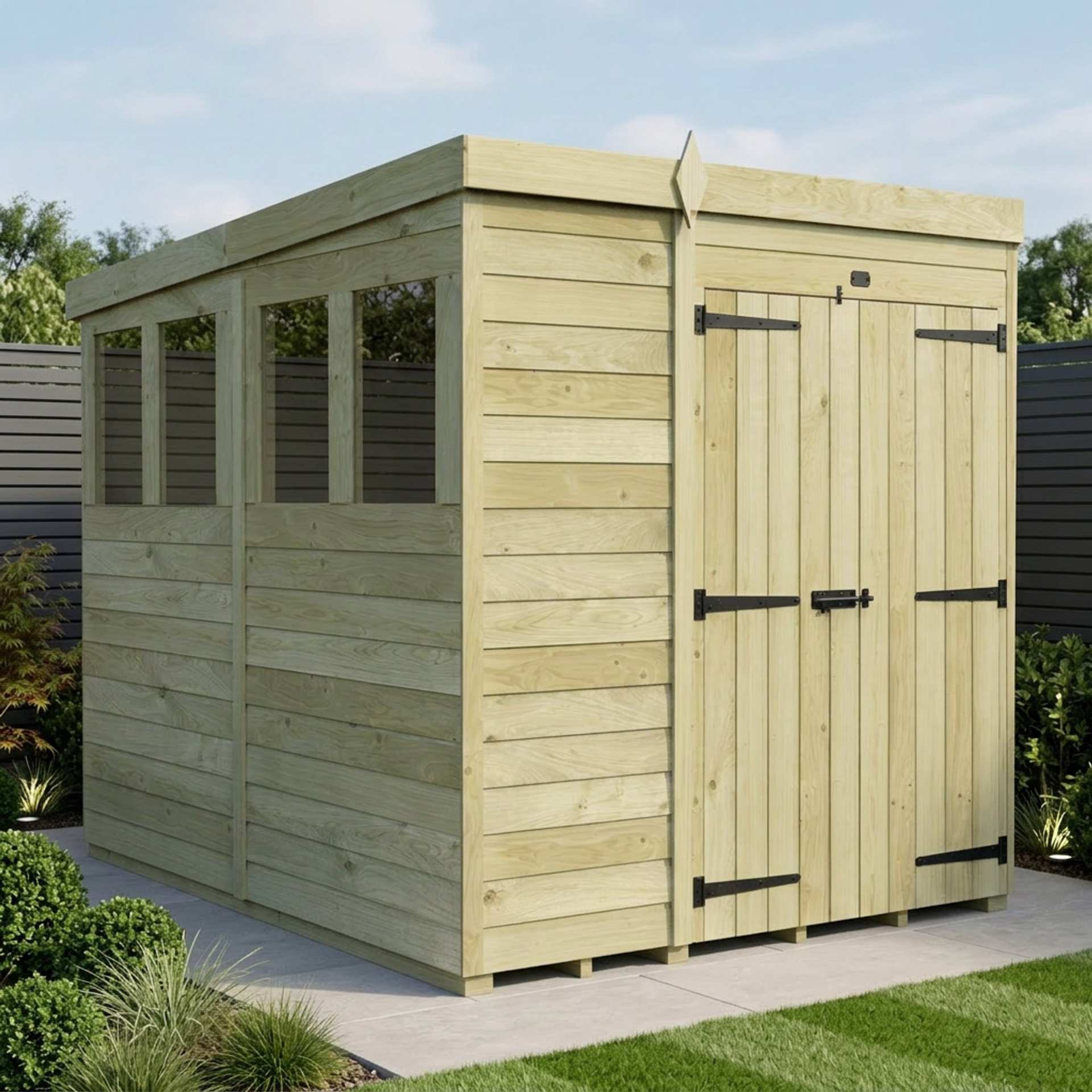 6 x 8 Pent Shed (Double Door, With Windows)