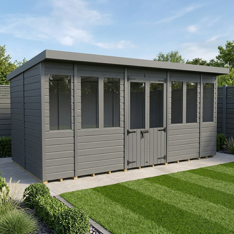 16x8 Composite Pent Summer House (Double Doors, With Windows)