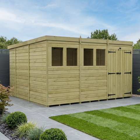 12 x 10 Pent Shed (Double Door, With Windows)