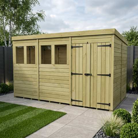 16 x 7 Pent Shed (Double Door, With Windows)