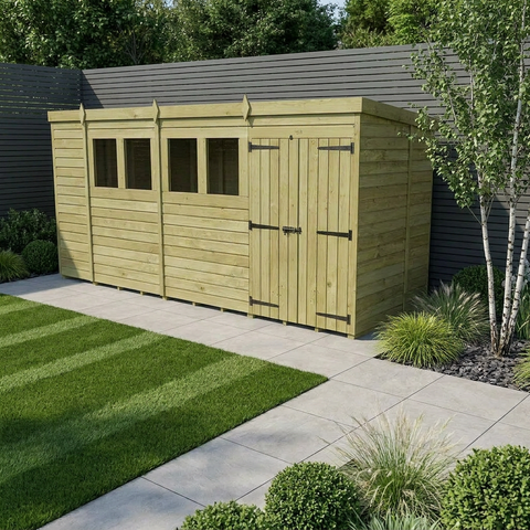 15 x 5 Pent Shed (Double Door, With Windows)
