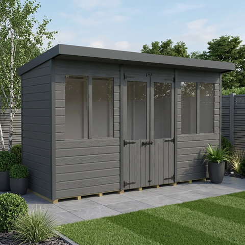12x4 Composite Pent Summer House (Double Doors, With Windows)