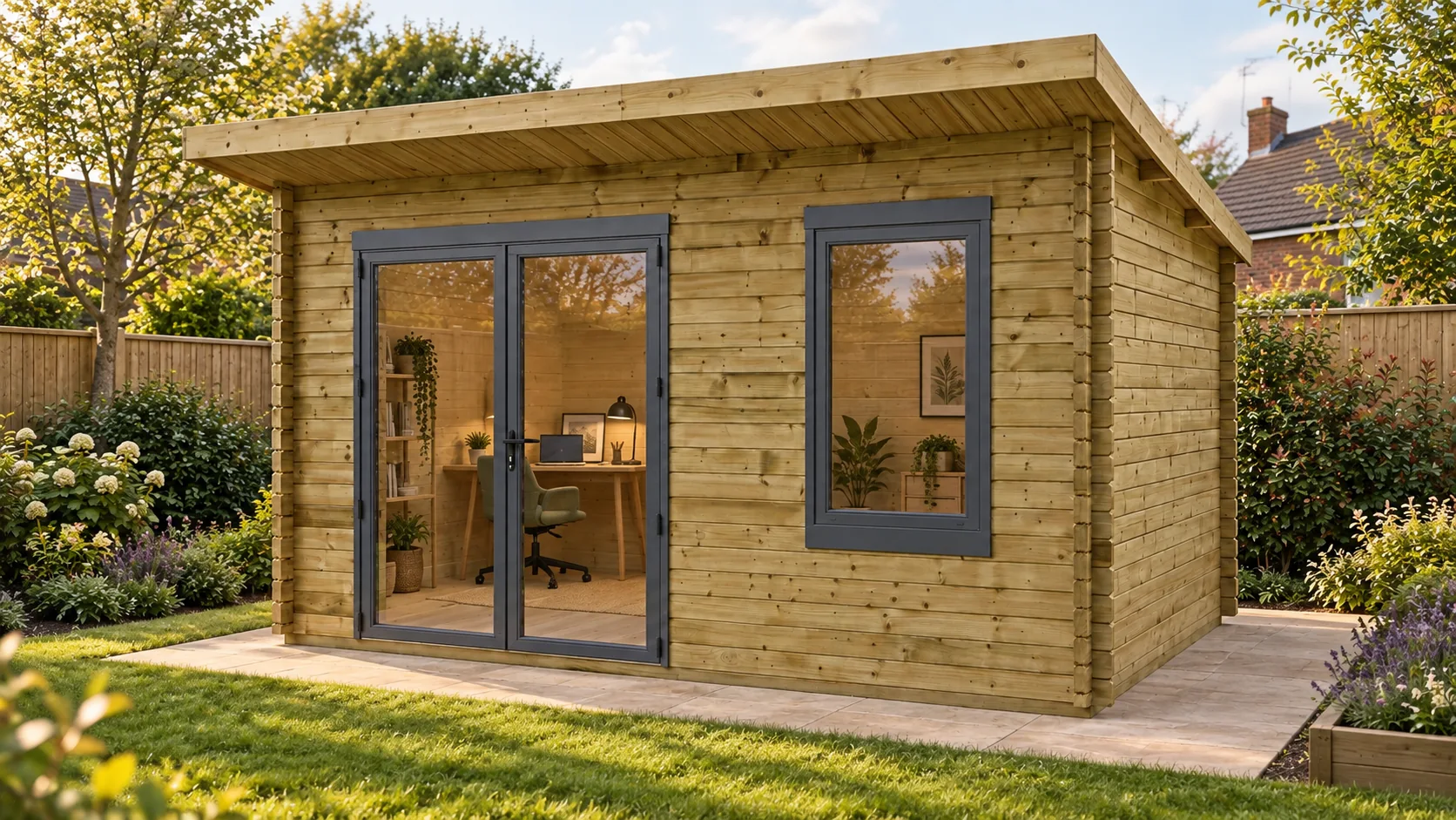 Total Cabin with a desk and chair visible through its existing double doors