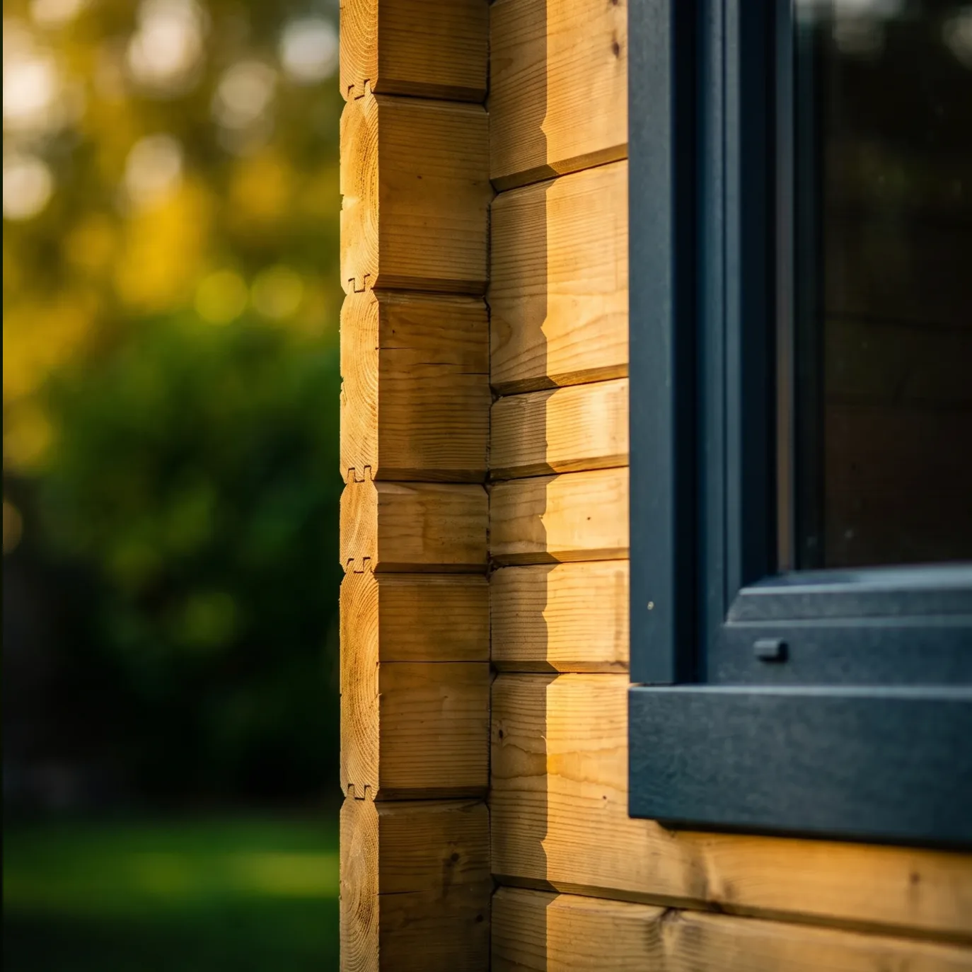 Pressure-treated interlocking timber corner joints and aluminium window frame
