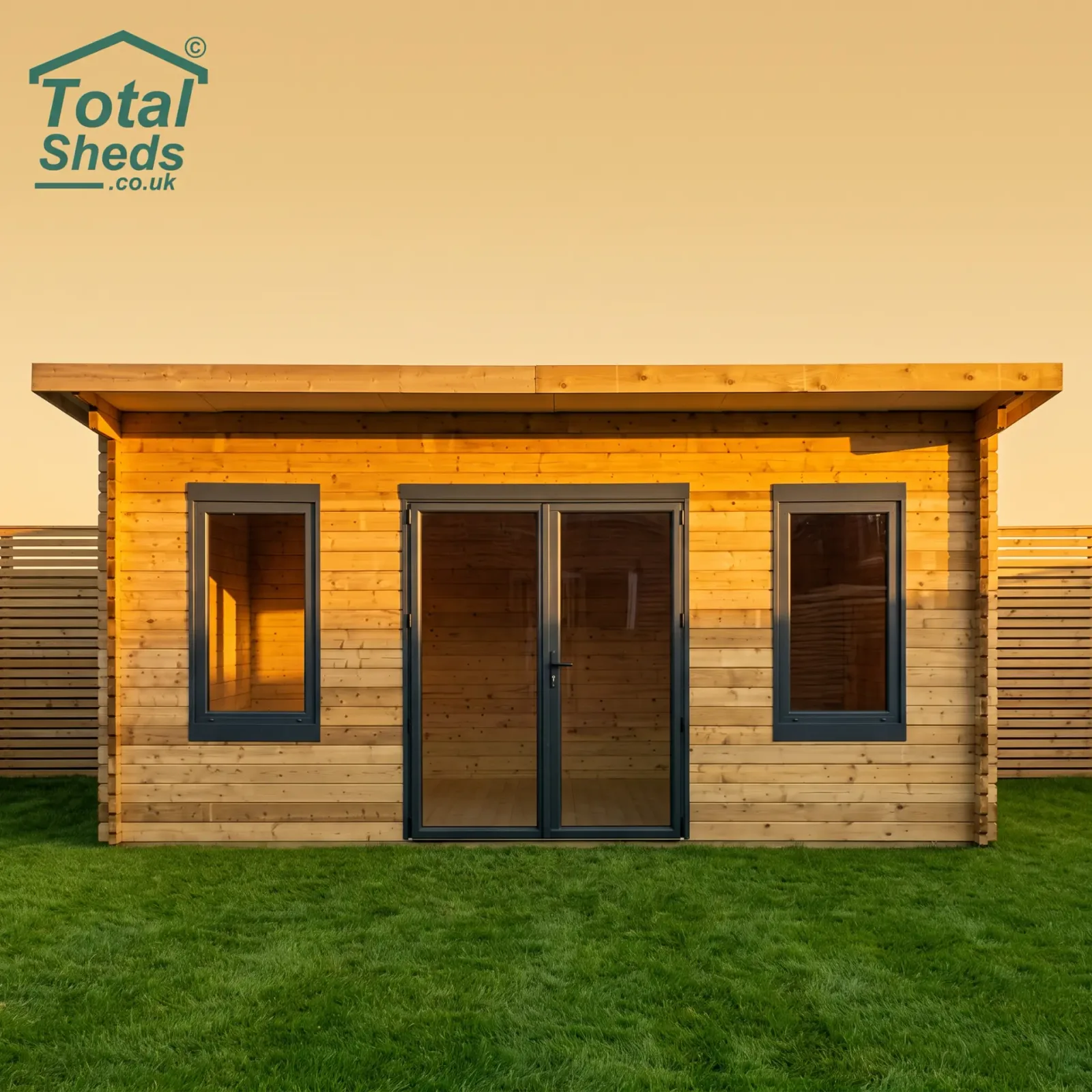 Two-window Total Cabin: centred double doors with a window either side, in a contemporary garden
