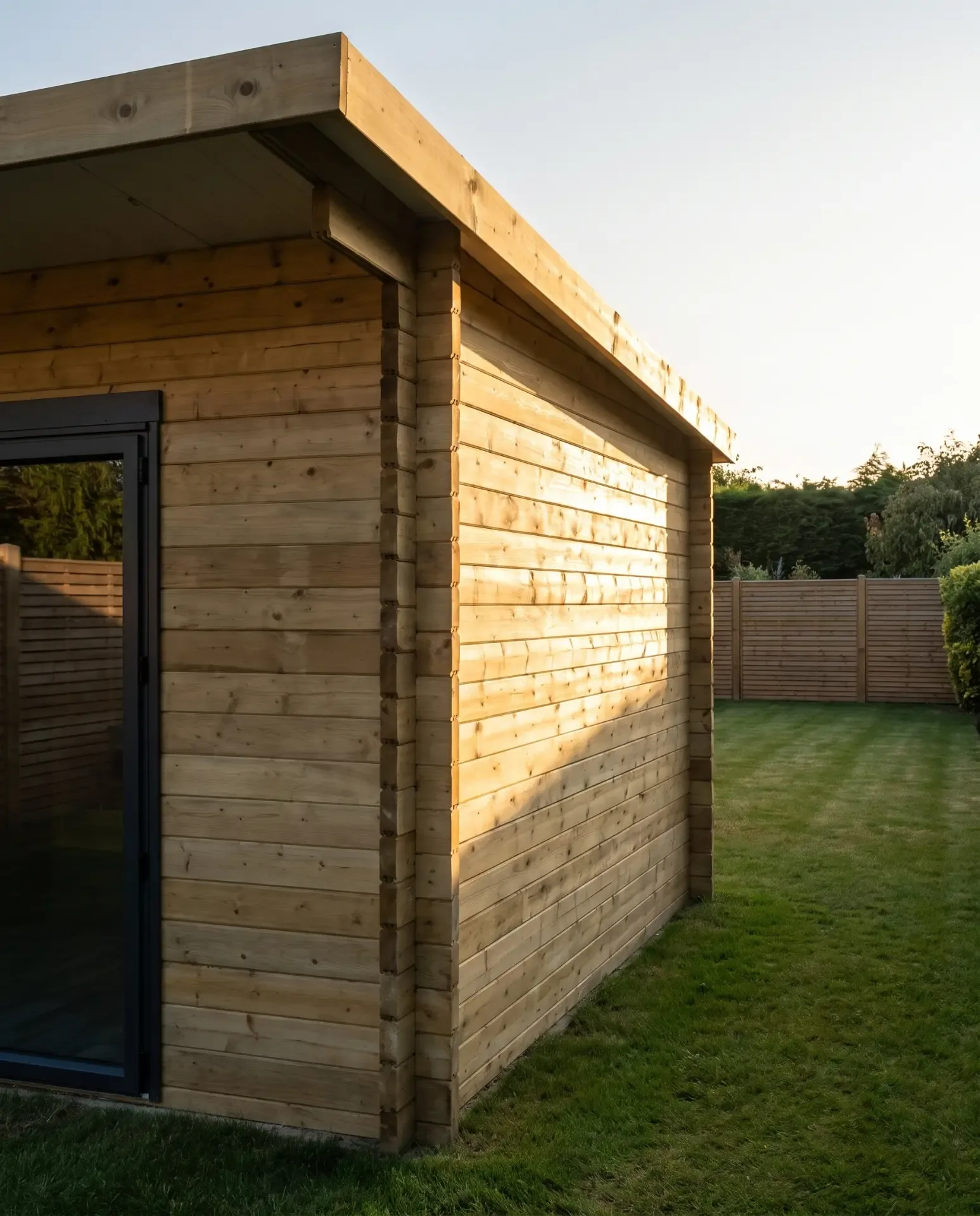 Side elevation showing the treated timber cabin walls and projecting roof