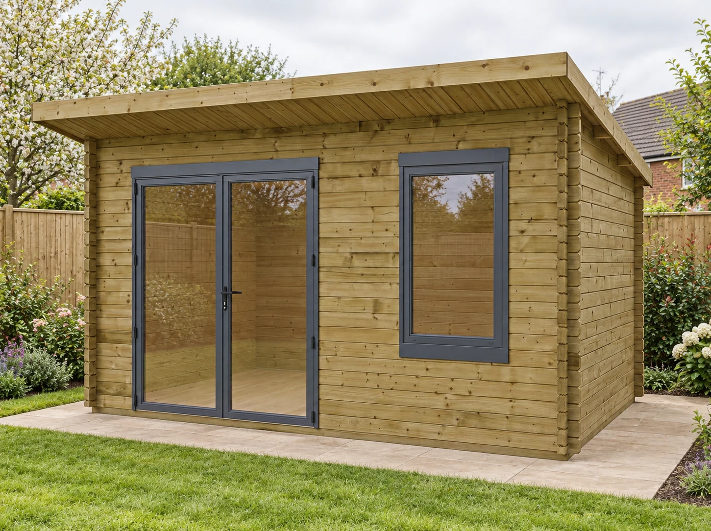 Treated Total Cabin in a UK garden, double doors on the left and window on the right