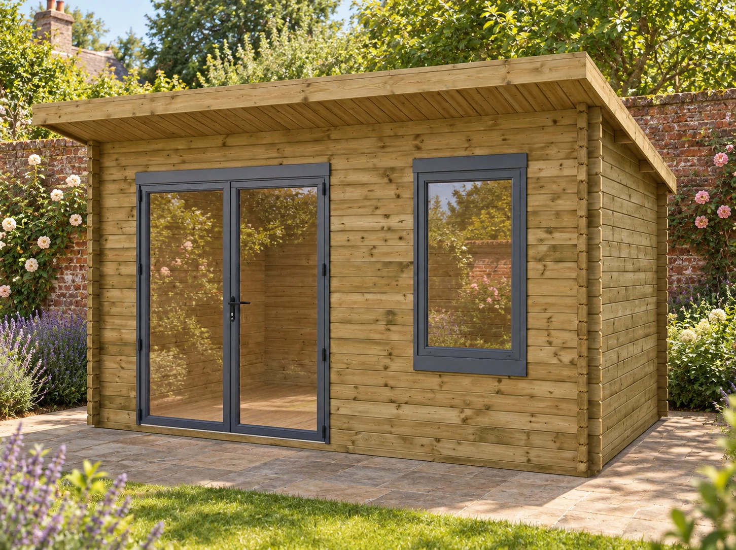 Treated Total Cabin in a UK garden, double doors on the left and window on the right