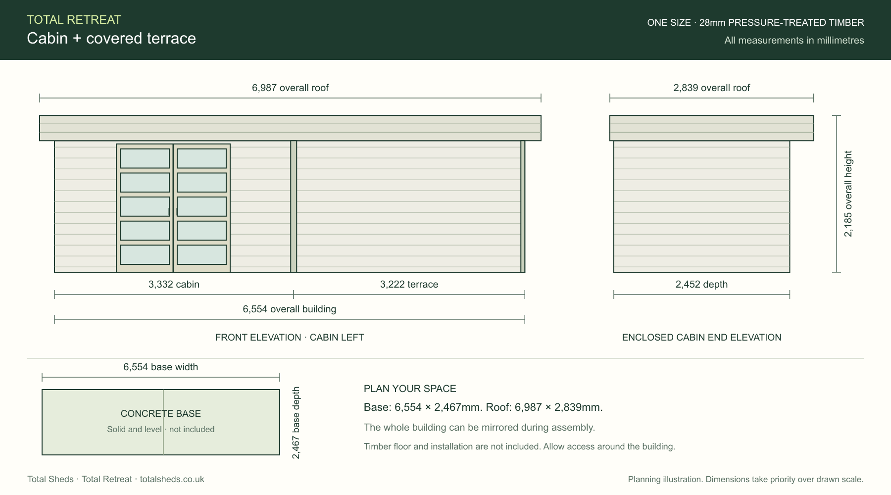 Total Retreat dimension drawing: 6554mm building width, 2452mm depth, 2185mm height; base 6554 by 2467mm