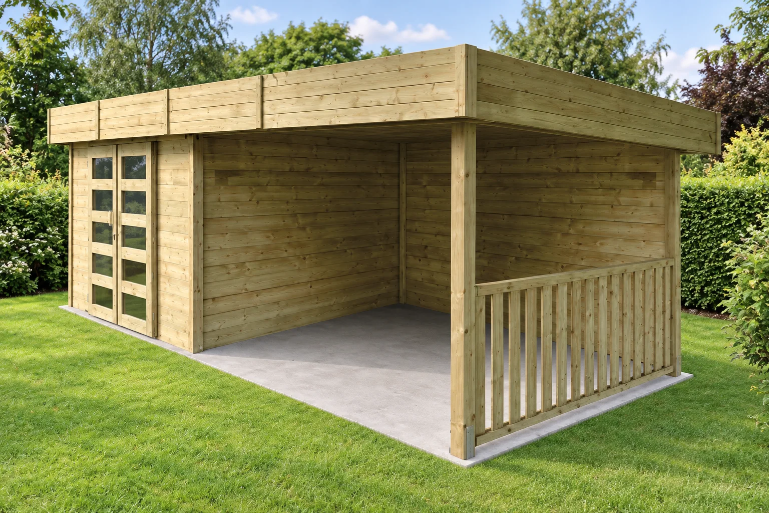 Total Retreat pressure-treated cabin and covered terrace in a garden — visualisation