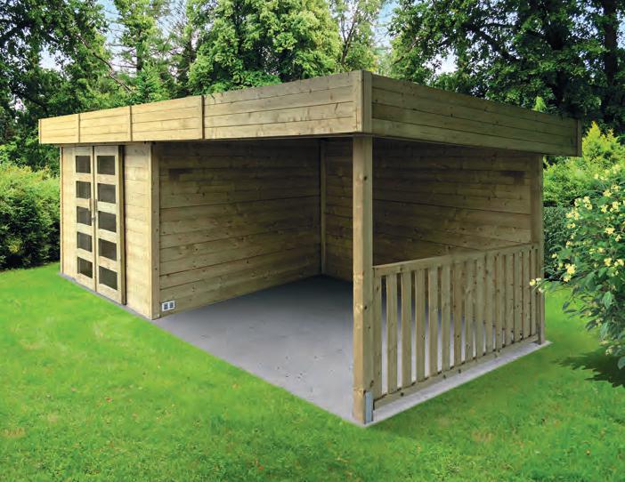 Original Total Retreat product photo showing the glazed timber doors, enclosed room, covered terrace and side railing