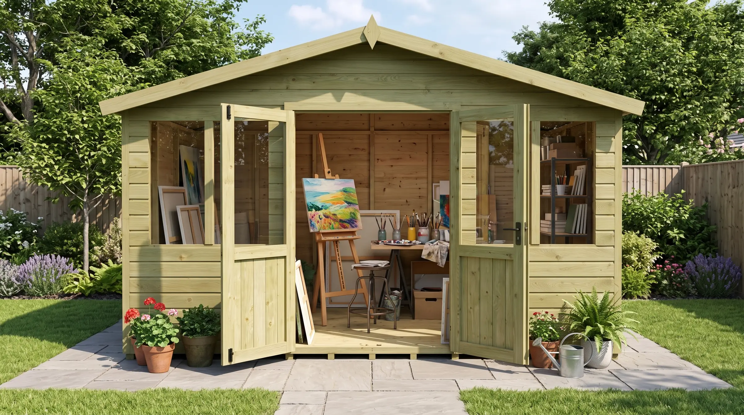 Art studio: our timber Apex Summer House in a garden, styled visualisation