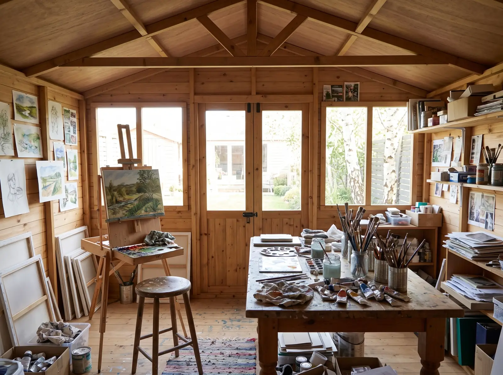 Inside our timber Apex Summer House, styled as a art studio — visualisation