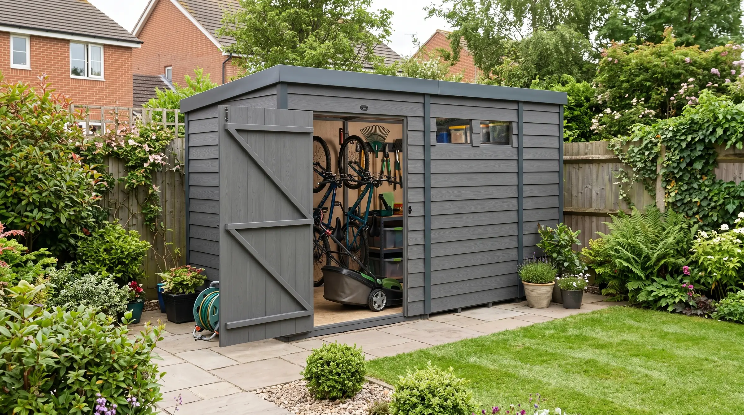 Bike storage: our Composite Pent Security Shed in a garden, styled visualisation