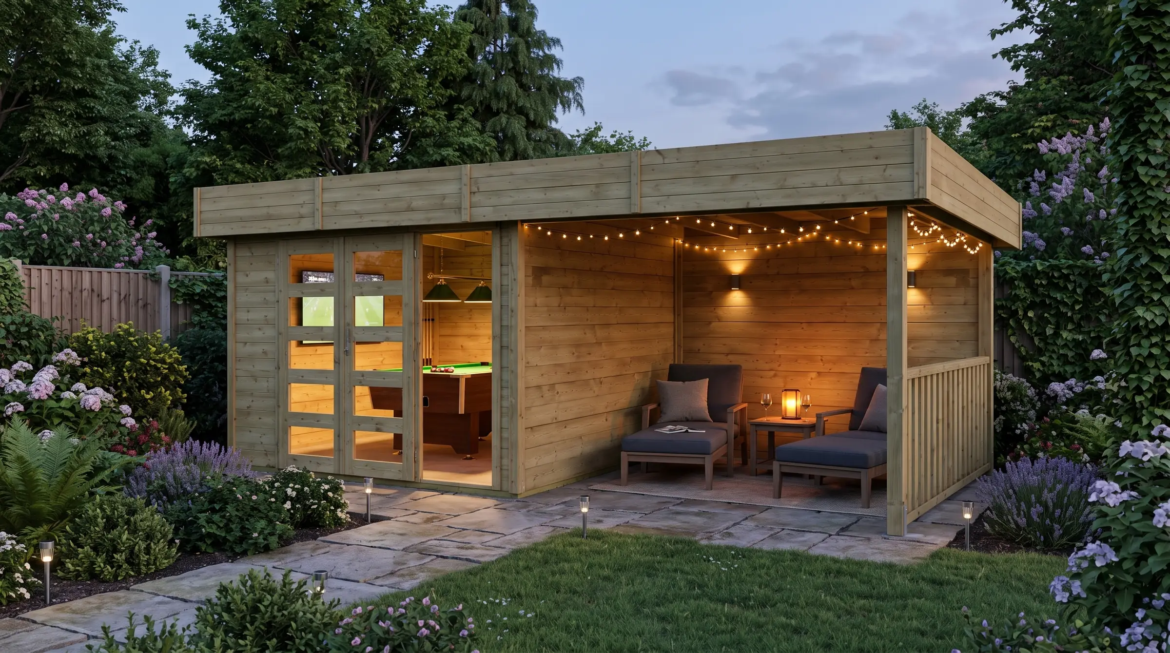 Games room: our Total Retreat cabin with covered terrace in a garden, styled visualisation