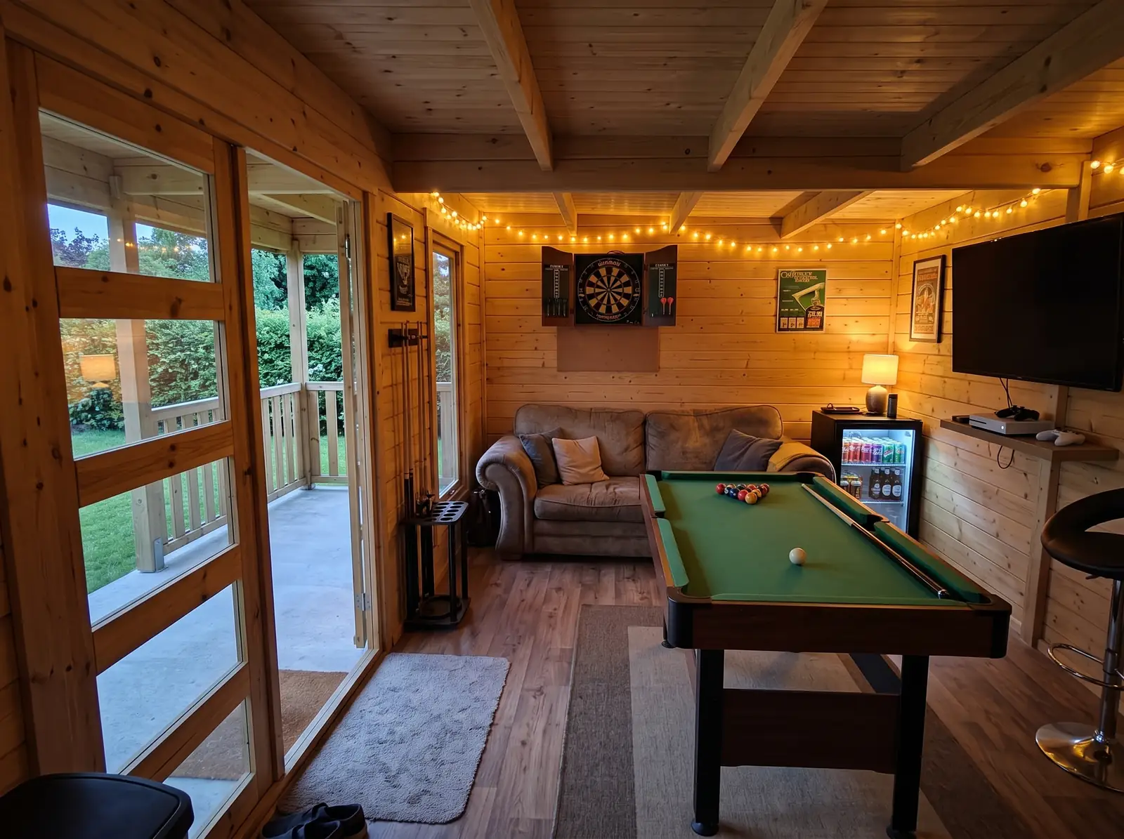 Inside our Total Retreat cabin with covered terrace, styled as a games room — visualisation