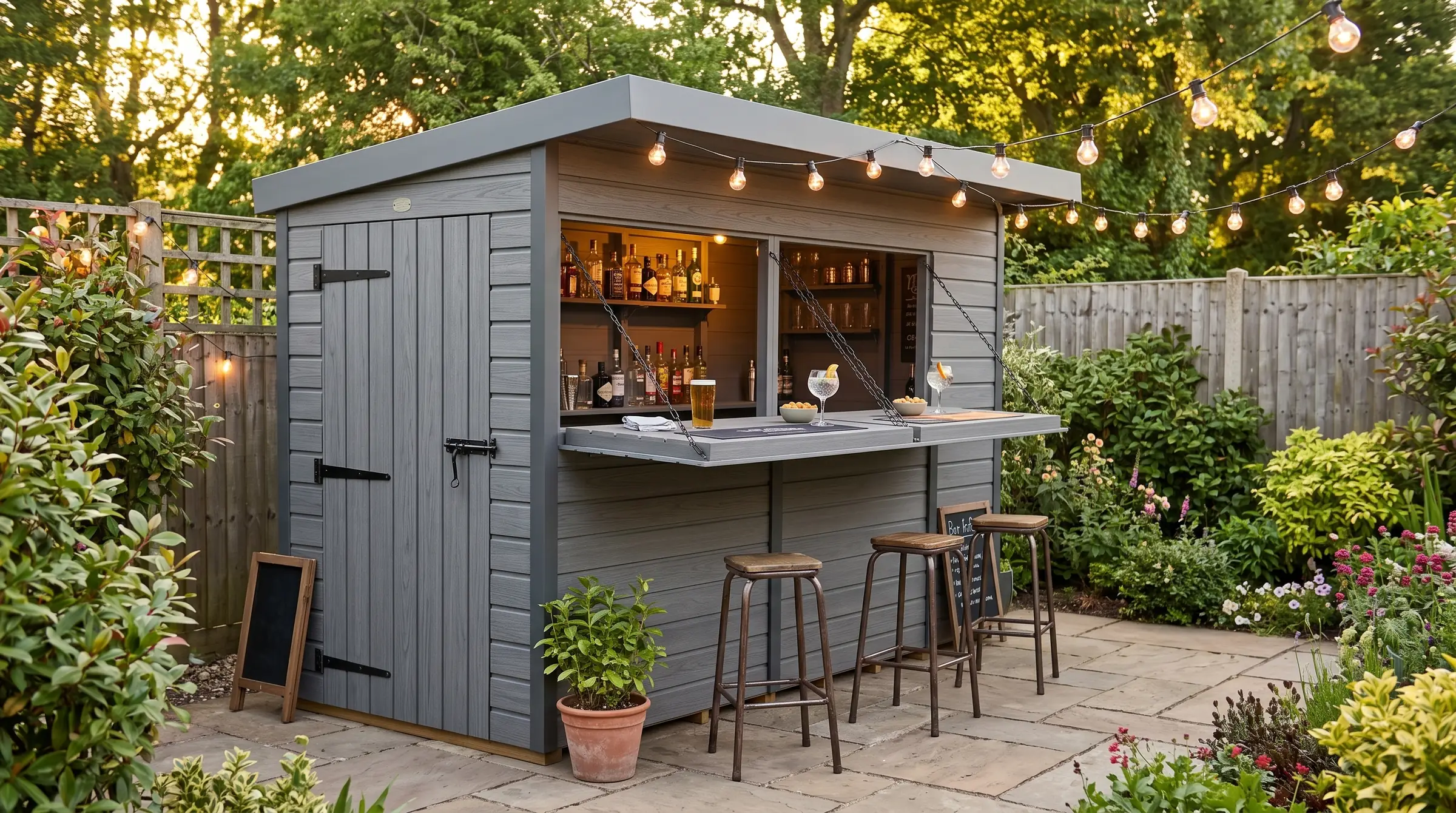 Garden bar: our Composite Outdoor Garden Bar in a garden, styled visualisation