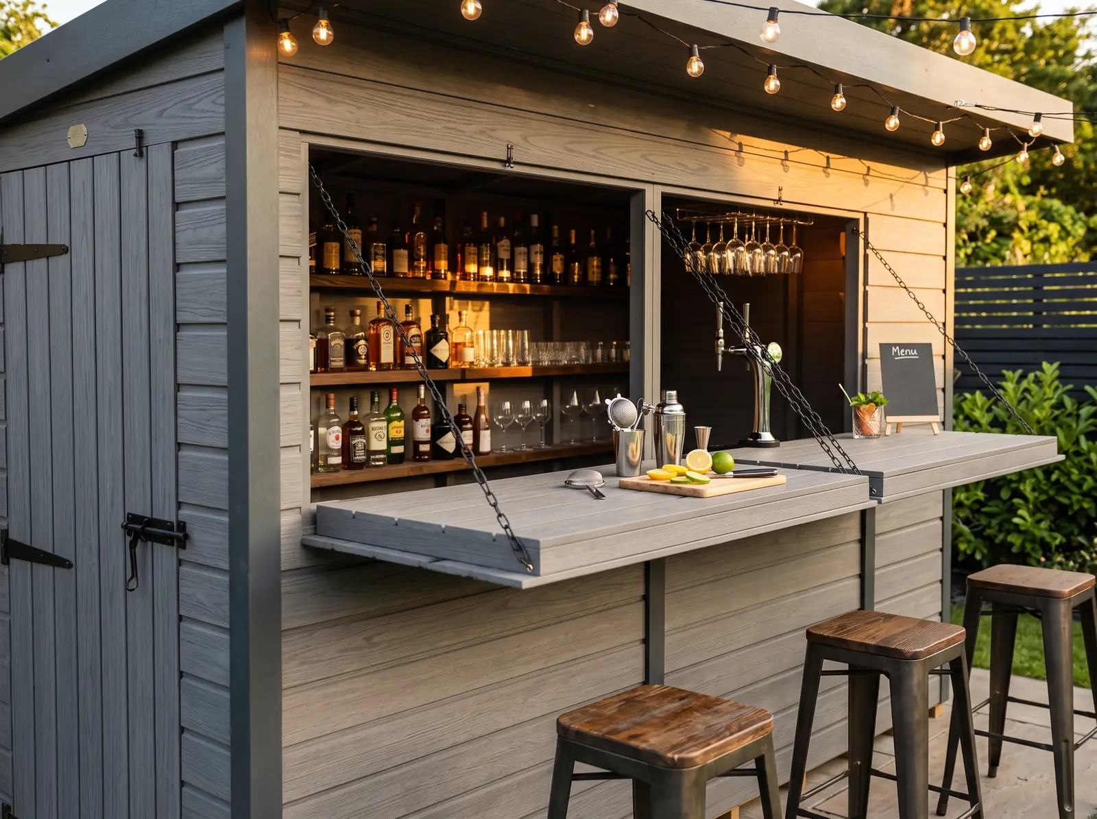 Inside our Composite Outdoor Garden Bar, styled as a garden bar — visualisation