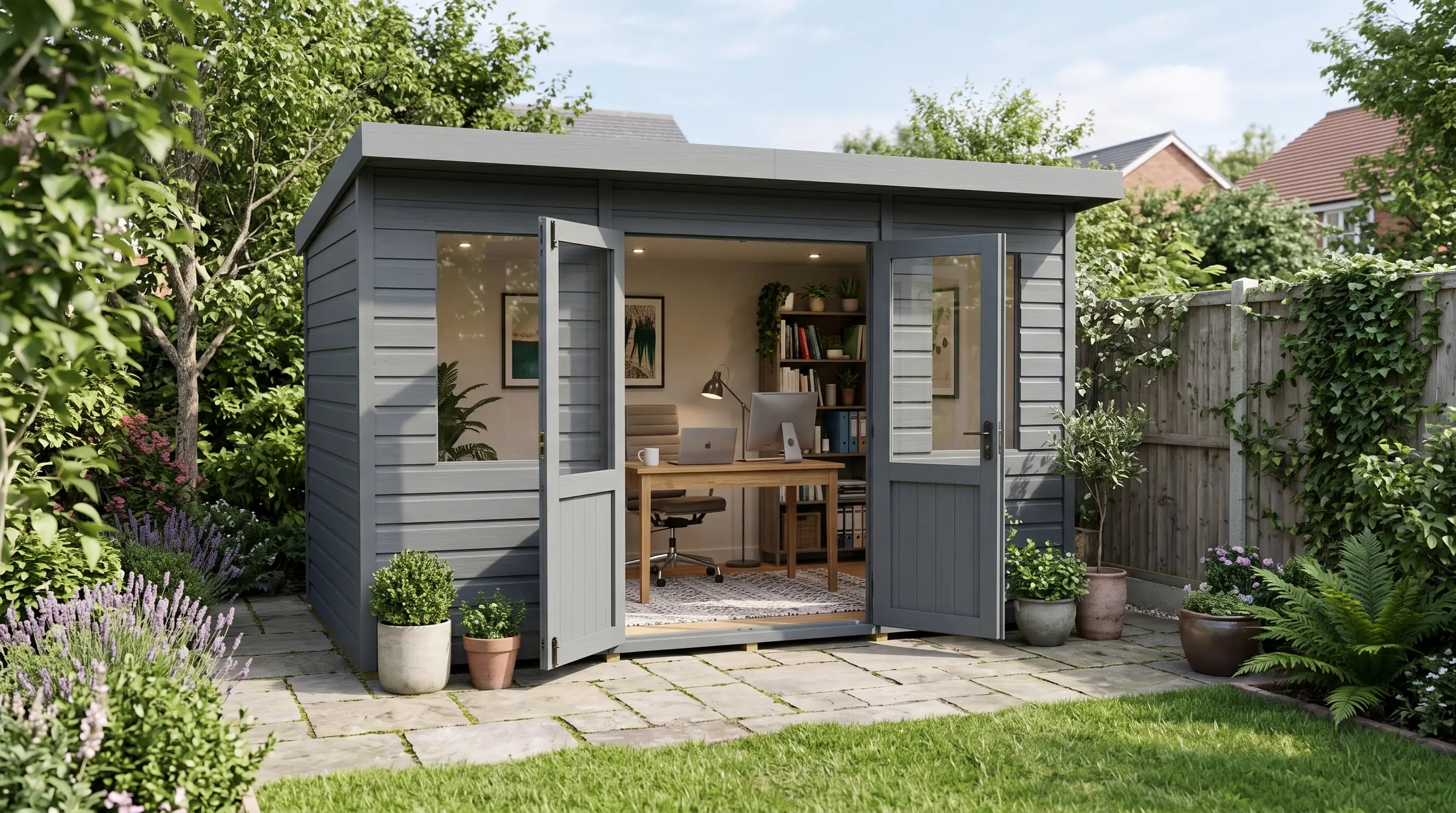 Garden office: our Composite Pent Summer House in a garden, styled visualisation