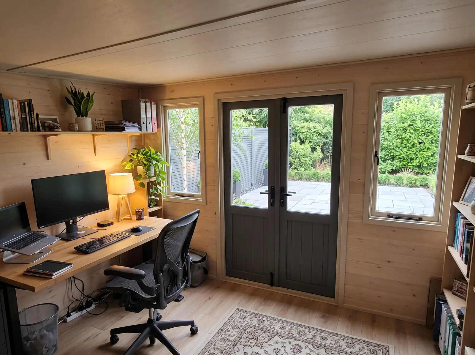 Inside our Composite Pent Summer House, styled as a garden office — visualisation