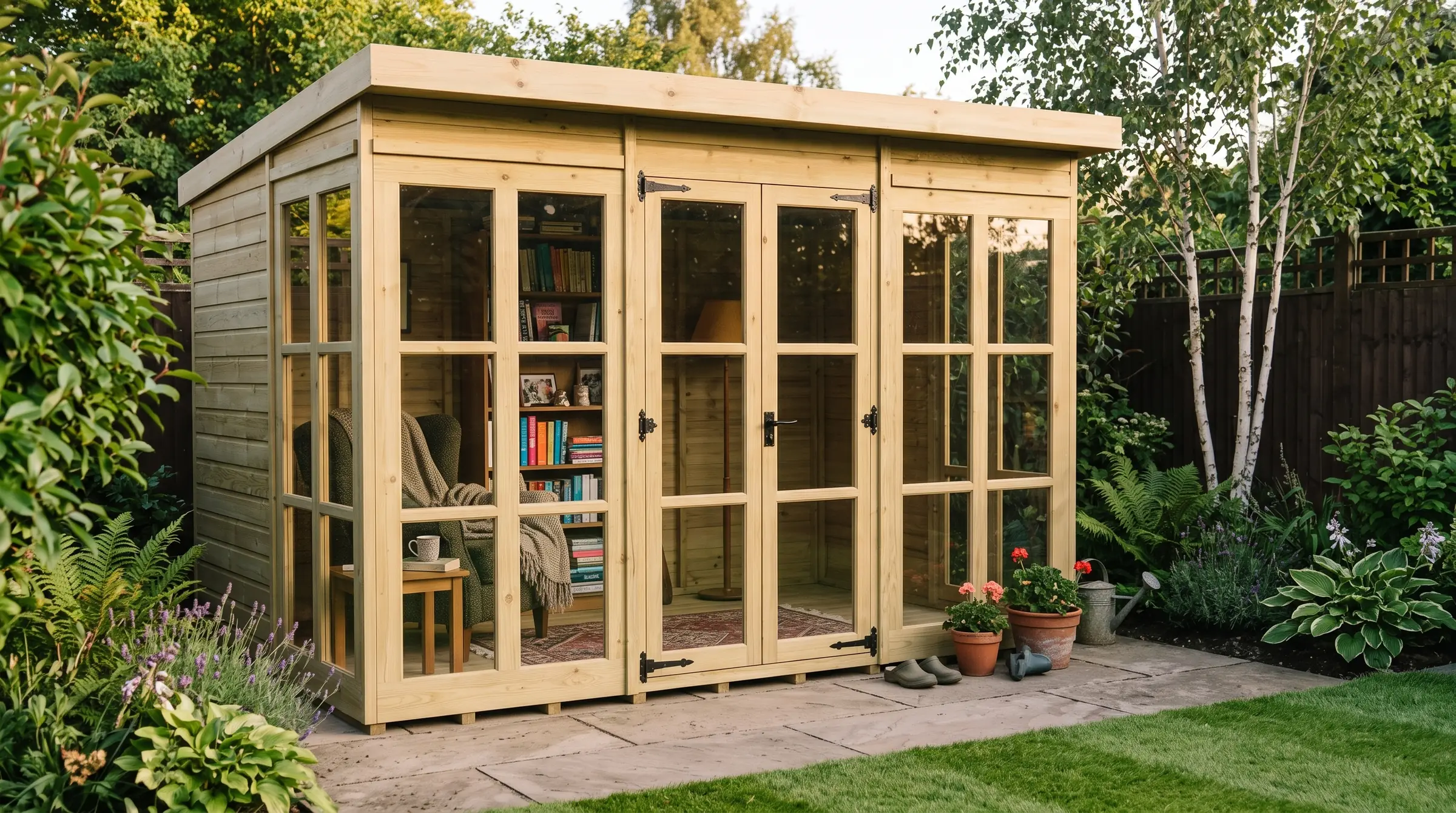 Garden retreat: our timber Georgian Window Pent Summer House in a garden, styled visualisation