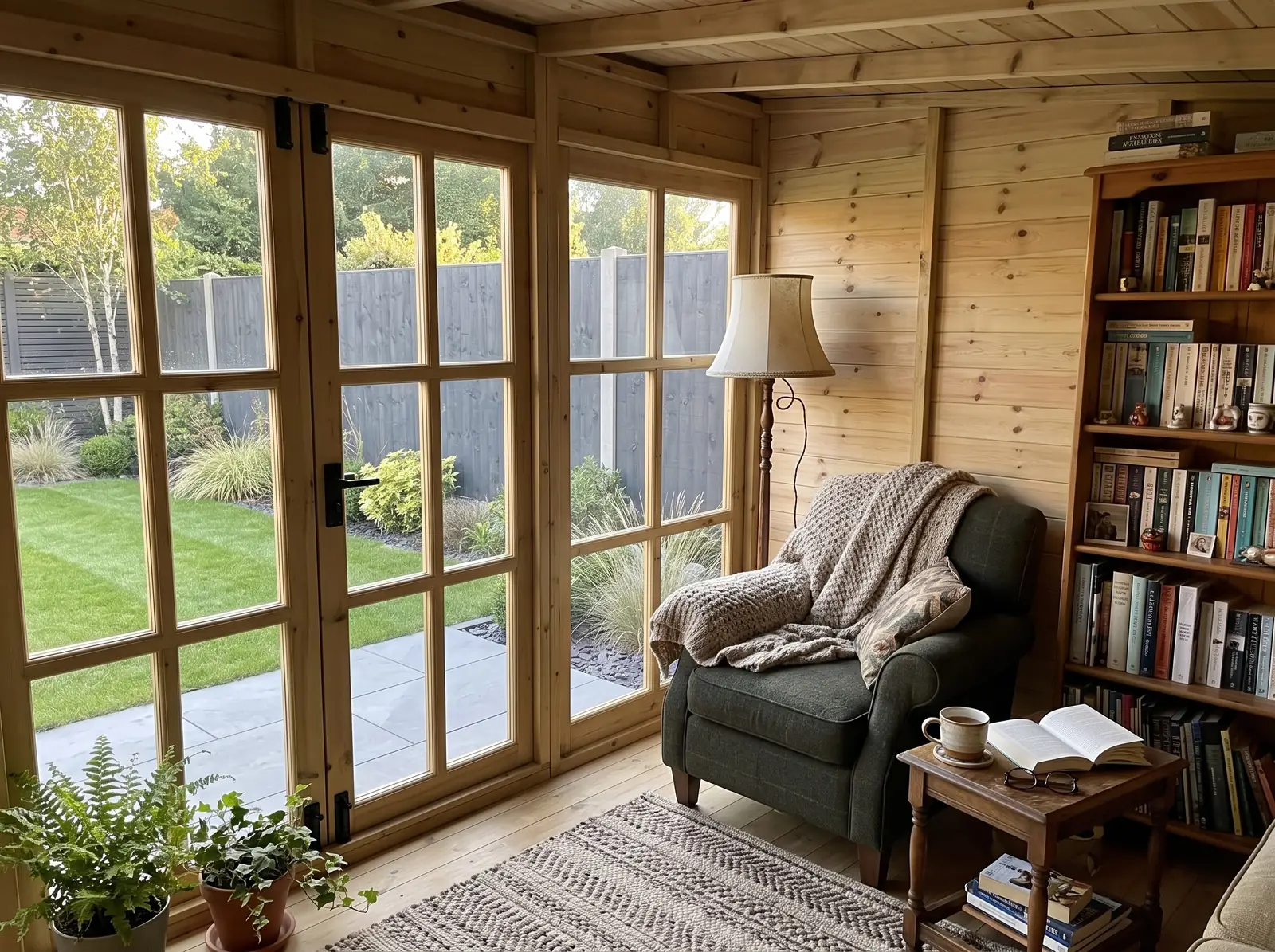 Inside our timber Georgian Window Pent Summer House, styled as a garden retreat — visualisation
