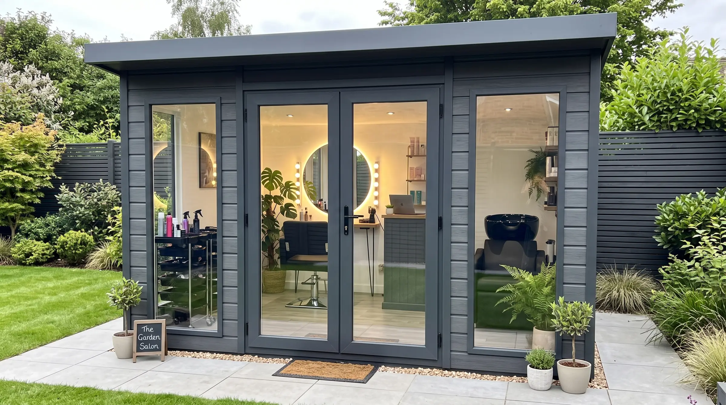 Hair and beauty salon: our Composite Pent Full Height Summer House in a garden, styled visualisation