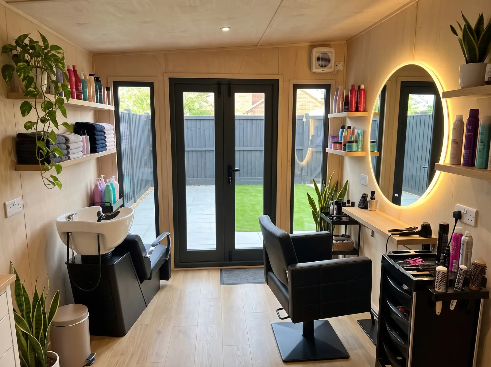 Inside our Composite Pent Full Height Summer House, styled as a hair and beauty salon — visualisation