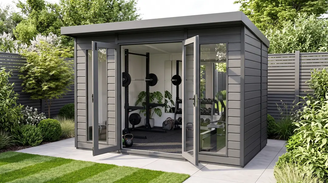 Home gym: a glazed garden building styled as a gym, visualisation