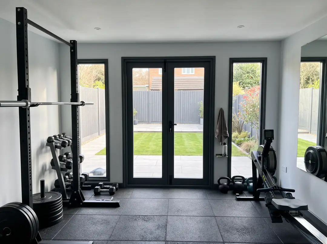 Inside a glazed garden building styled as a home gym, visualisation