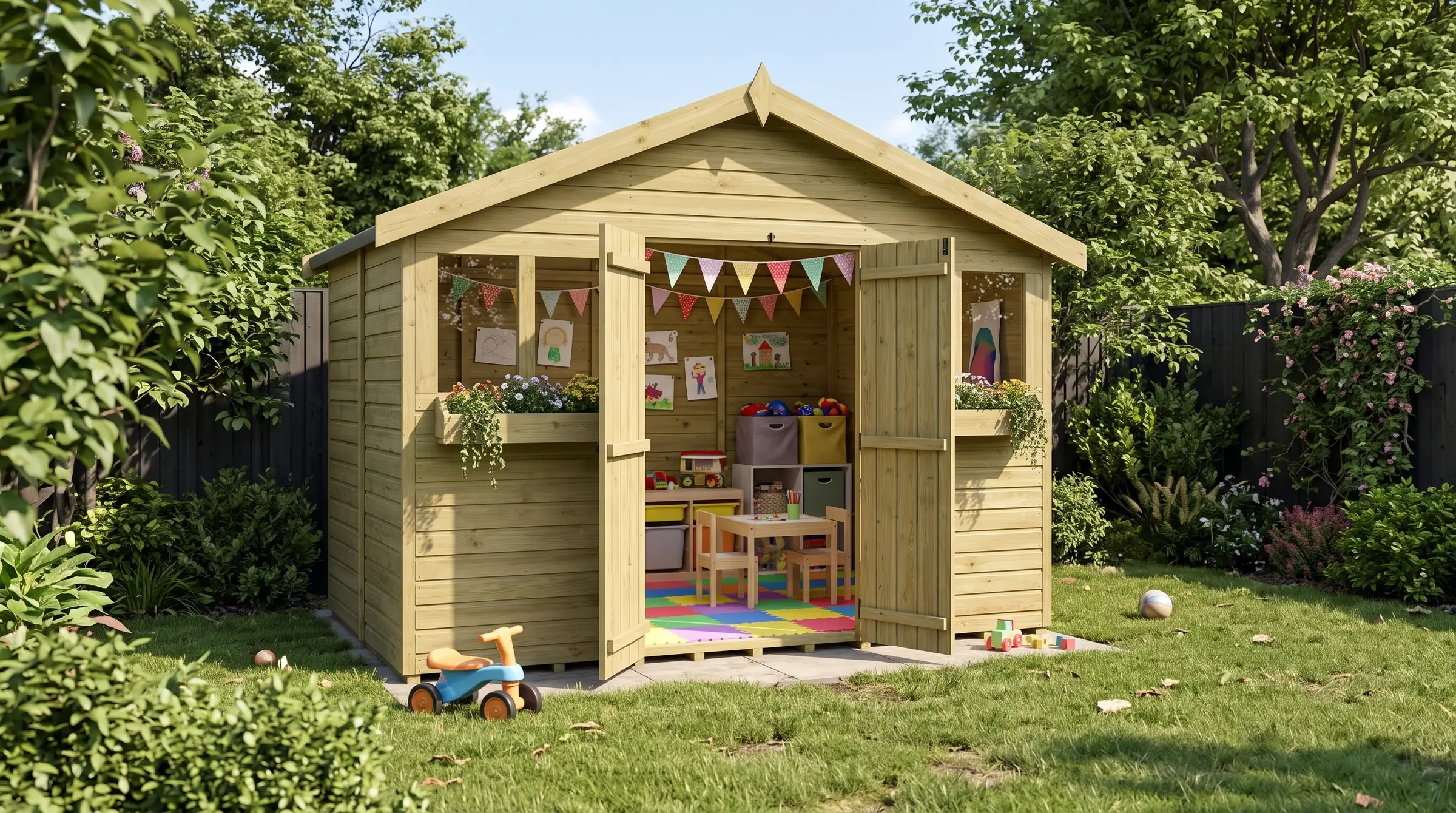 Kids’ playroom: our timber Apex Summer Shed in a garden, styled visualisation