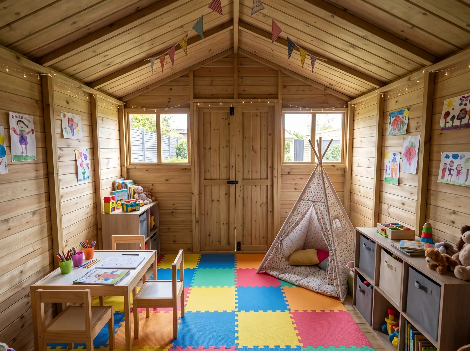 Inside our timber Apex Summer Shed, styled as a kids’ playroom — visualisation