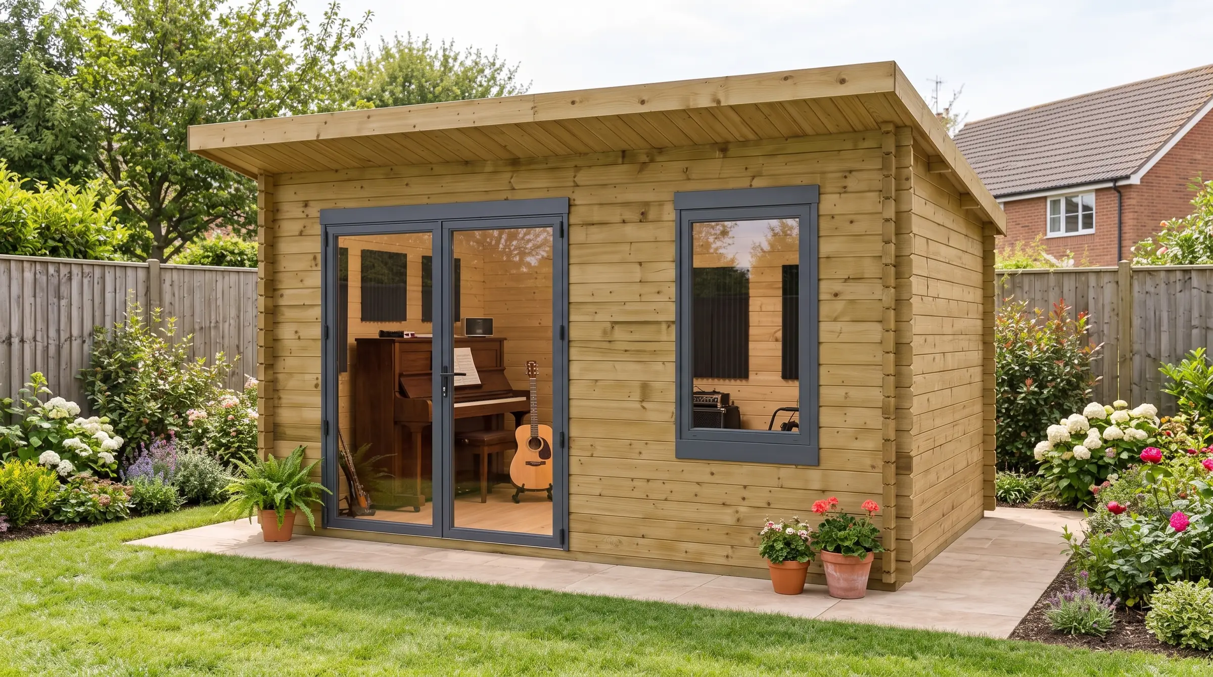 Music room: our Total Cabin in a garden, styled visualisation