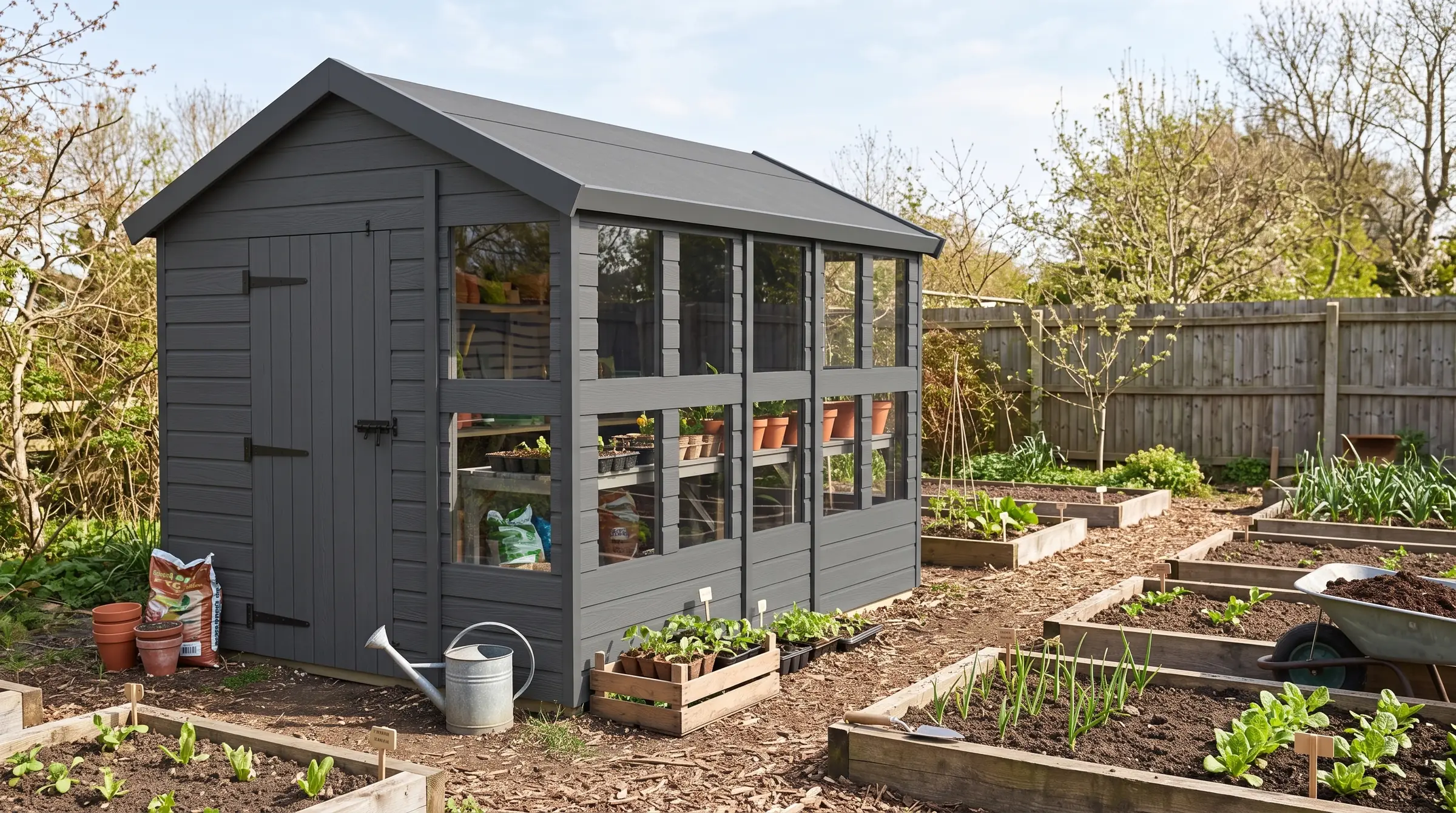 Potting and growing: our Composite Apex Potting Shed in a garden, styled visualisation