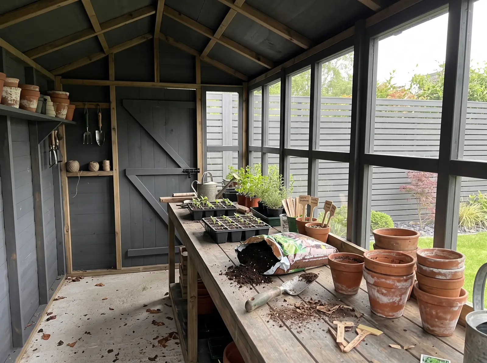 Inside our Composite Apex Potting Shed, styled as a potting and growing — visualisation