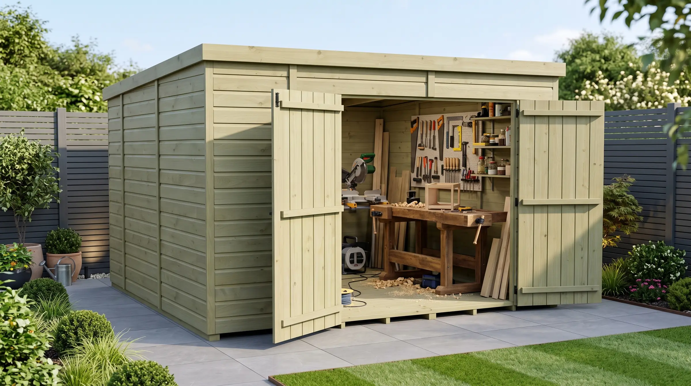 Workshop: our timber Pent Shed in a garden, styled visualisation