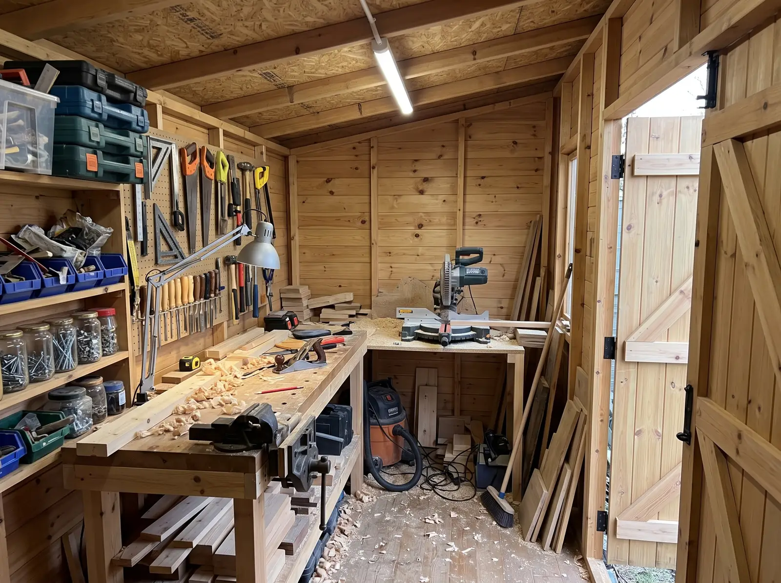 Inside our timber Pent Shed, styled as a workshop — visualisation