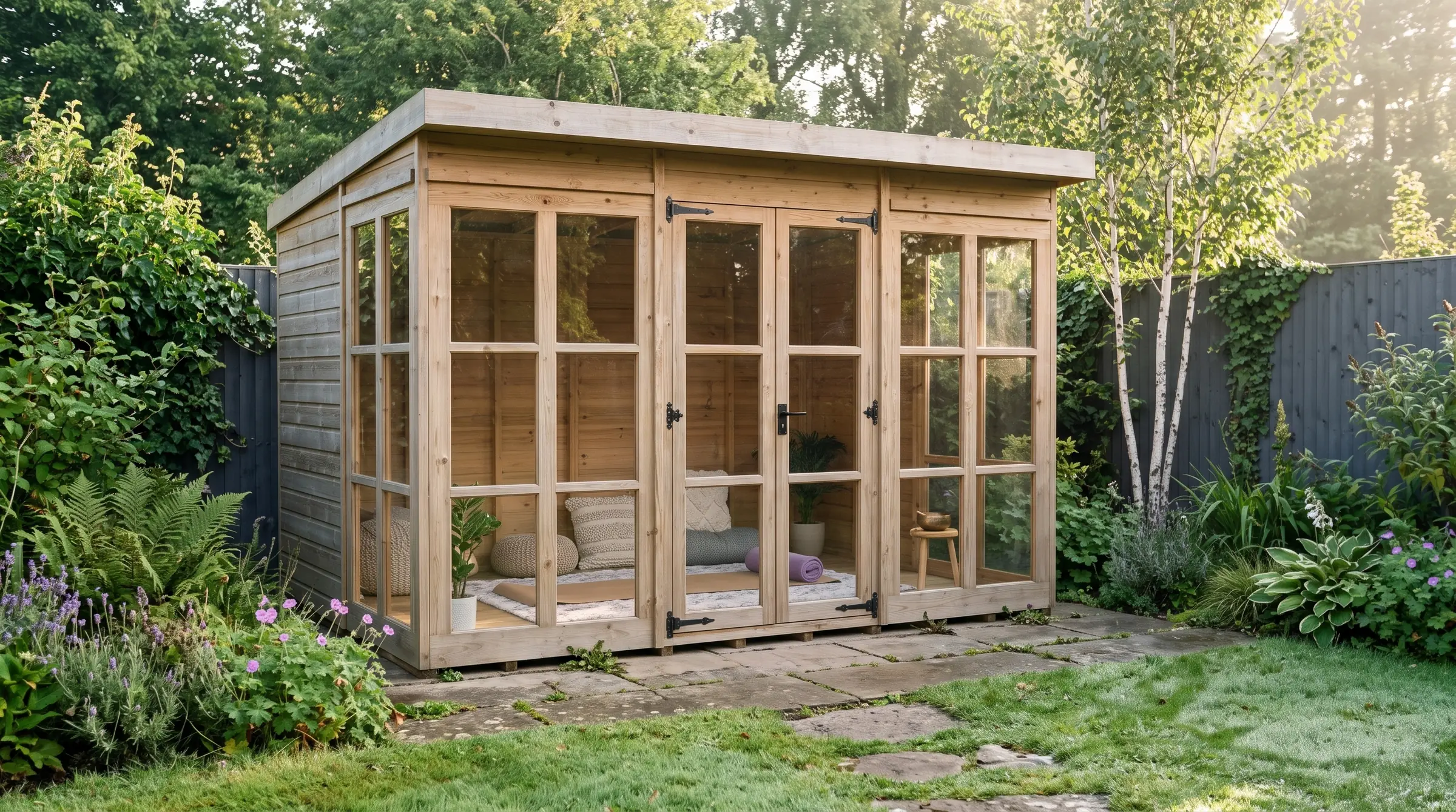 Yoga and wellness: our timber Georgian Window Pent Summer House in a garden, styled visualisation