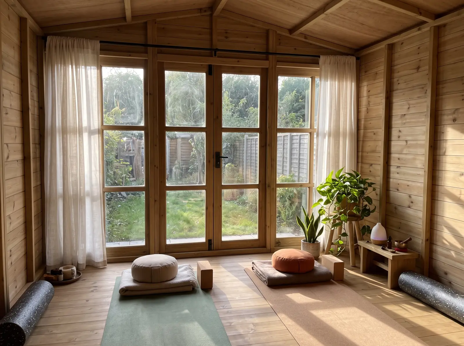 Inside our timber Georgian Window Pent Summer House, styled as a yoga and wellness — visualisation